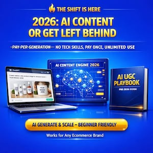 May include: A promotional image with a blue background features a laptop displaying skincare product images, a screen with a brain graphic, and a book titled "AI UGC PLAYBOOK." Text includes "2026: AI CONTENT OR GET LEFT BEHIND."