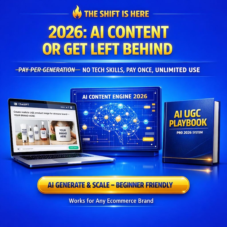 May include: A promotional image with a blue background features a laptop displaying skincare product images, a screen with a brain graphic, and a book titled "AI UGC PLAYBOOK." Text includes "2026: AI CONTENT OR GET LEFT BEHIND."
