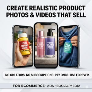 Può includere: Immagine che promuove foto e video di prodotti realistici. Tre smartphone mostrano mockup di prodotti: una bottiglia di integratore gialla, bottiglie di cura della pelle rosa e viola e un'etichetta di abbigliamento blu. Il testo include "YOUR BRAND HERE" e "SLINCARE".