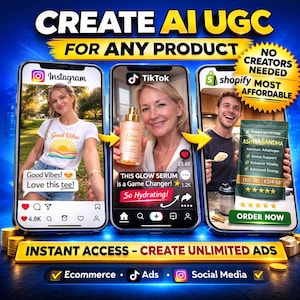 May include: An advertisement promoting AI-generated user content for products. The image shows three smartphones displaying social media content. One phone shows an Instagram post with a woman wearing a tee shirt. Another shows a TikTok video with a woman holding a serum bottle. The third phone displays a supplement product.