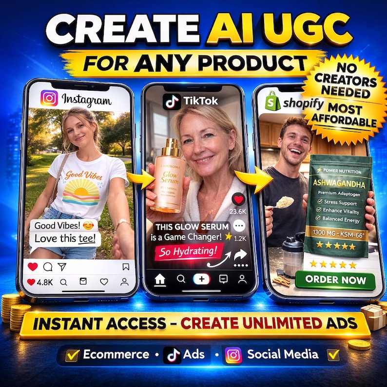 May include: An advertisement promoting AI-generated user content for products. The image shows three smartphones displaying social media content. One phone shows an Instagram post with a woman wearing a tee shirt. Another shows a TikTok video with a woman holding a serum bottle. The third phone displays a supplement product.