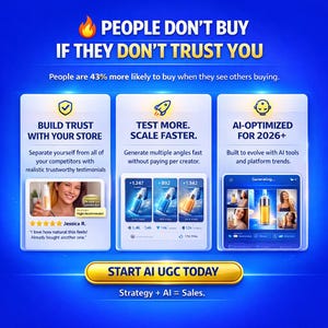 May include: A digital advertisement with the text "PEOPLE DON'T BUY IF THEY DON'T TRUST YOU." The ad promotes building trust, testing more, and AI optimization. It includes testimonials and product images, with a call to action: "START AI UGC TODAY."
