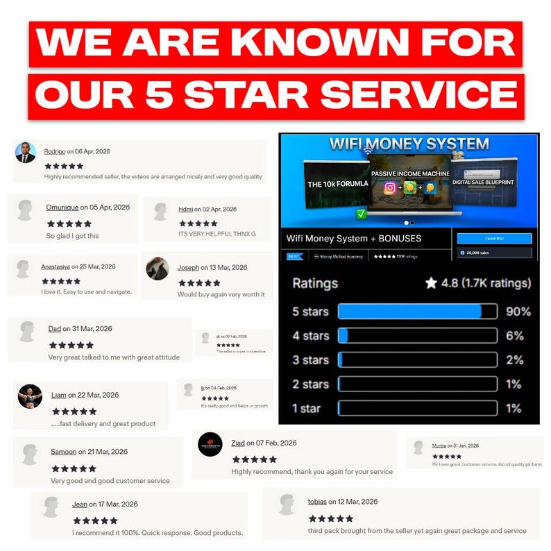 Peut inclure: L'image pr&eacute;sente le texte "WE ARE KNOWN FOR OUR 5 STAR SERVICE." Des avis clients sont affich&eacute;s en dessous, ainsi qu'un graphique d'un &eacute;cran d'ordinateur portable avec le texte "WIFI MONEY SYSTEM + BONUSES."
