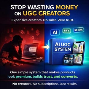 May include: An advertisement with the text "STOP WASTING MONEY ON UGC CREATORS." The image contrasts a person looking stressed with a laptop showing "0 Sales" with a blue box labeled "AI UGC SYSTEM" and smartphones displaying product images.