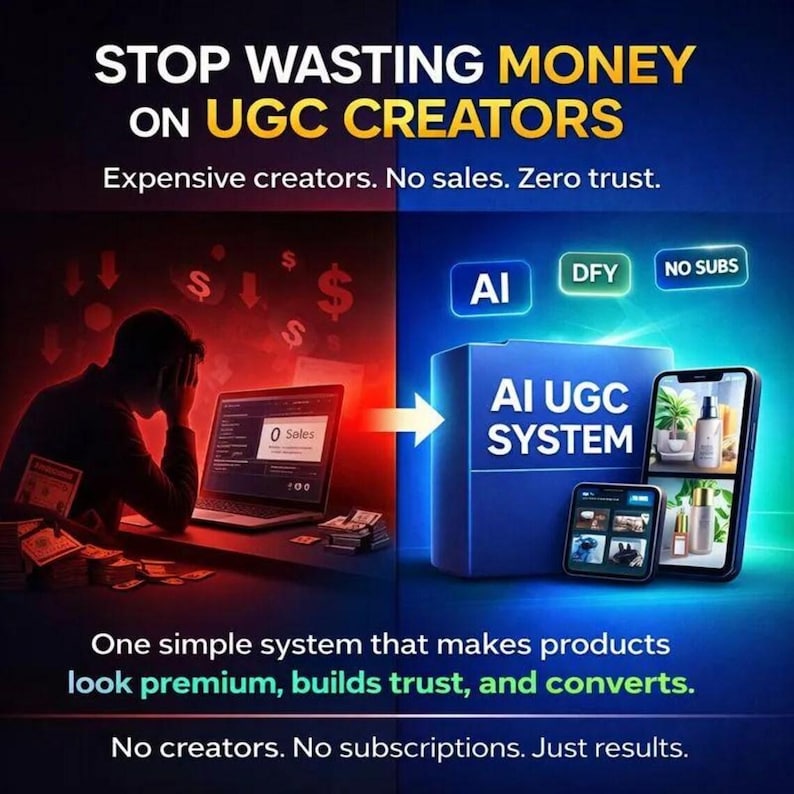 May include: An advertisement with the text "STOP WASTING MONEY ON UGC CREATORS." The image contrasts a person looking stressed with a laptop showing "0 Sales" with a blue box labeled "AI UGC SYSTEM" and smartphones displaying product images.