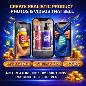 Op de afbeelding: Een advertentie voor productfotografie- en videoservices. De afbeelding toont drie smartphones met productmodellen: een supplementfles, huidverzorgingsflessen en kleding. Tekst bevat "Maak realistische productfoto's en -video's" en "Geen makers. Geen abonnementen. Betaal eenmalig. Gebruik voor altijd."