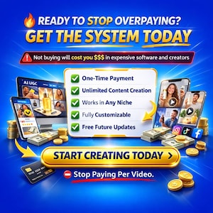 May include: A vibrant graphic with the text "READY TO STOP OVERPAYING? GET THE SYSTEM TODAY." The image features a computer, smartphones, money, and icons. The text highlights features like "One-Time Payment" and "Unlimited Content Creation."