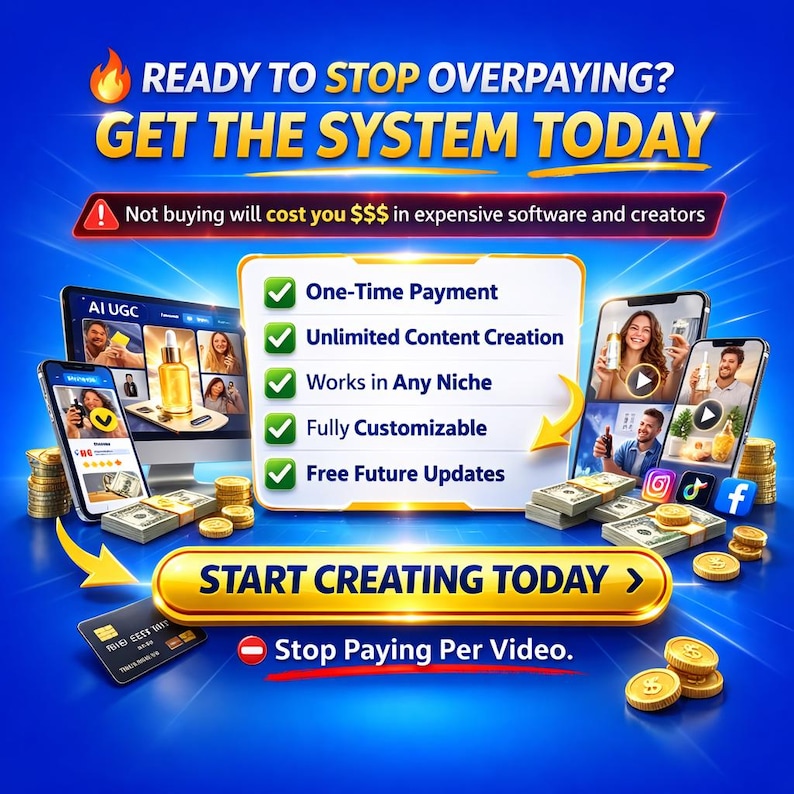May include: A vibrant graphic with the text "READY TO STOP OVERPAYING? GET THE SYSTEM TODAY." The image features a computer, smartphones, money, and icons. The text highlights features like "One-Time Payment" and "Unlimited Content Creation."