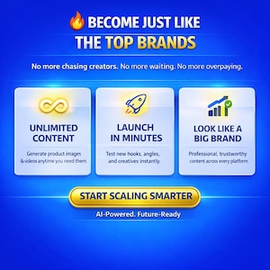 May include: A blue graphic with the text "BECOME JUST LIKE THE TOP BRANDS". It also includes the phrases "UNLIMITED CONTENT", "LAUNCH IN MINUTES", and "LOOK LIKE A BIG BRAND". The image promotes AI-powered tools for content creation.