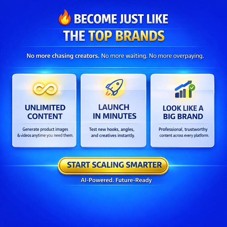 May include: A blue graphic with the text "BECOME JUST LIKE THE TOP BRANDS". It also includes the phrases "UNLIMITED CONTENT", "LAUNCH IN MINUTES", and "LOOK LIKE A BIG BRAND". The image promotes AI-powered tools for content creation.