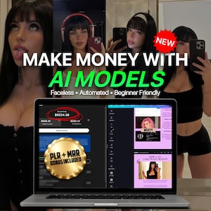 Puede incluir: Un portátil que muestra un sitio web con el texto "MAKE MONEY WITH AI MODELS". La pantalla muestra una captura de pantalla con el texto "My earnings $9224.38". La imagen también incluye el texto "Faceless, Automated, Beginner Friendly" y una pegatina "NEW".