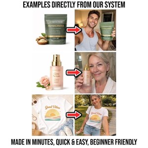May include: The image showcases examples of products. Top left, a green pouch of "Ashwagandha" and a man holding a similar pouch. Middle, a pink "Glow Serum" bottle. Bottom, a white t-shirt with a "Good Vibes" graphic.