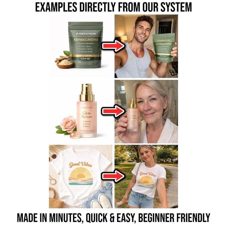 May include: The image showcases examples of products. Top left, a green pouch of "Ashwagandha" and a man holding a similar pouch. Middle, a pink "Glow Serum" bottle. Bottom, a white t-shirt with a "Good Vibes" graphic.