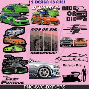 Puede incluir: Una colección digital de 12 diseños y 48 archivos con varios coches deportivos, incluyendo modelos verdes y naranjas, el texto O'CONNER, RIDE OR DIE, THE FAST AND THE FURIOUS y #RememberTheBuster, junto a siluetas de coches y personas.