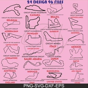 Puede incluir: Un gráfico rosa con 24 diseños de contorno negro de circuitos de Fórmula 1, cada uno etiquetado con el nombre y la ubicación del circuito. También está presente el texto "24 DESIGN 96 FILES" y "PNG-SVG-DXF-EPS".