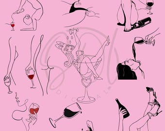 女性とワインの線画SVGバンドル（デジタルダウンロード）