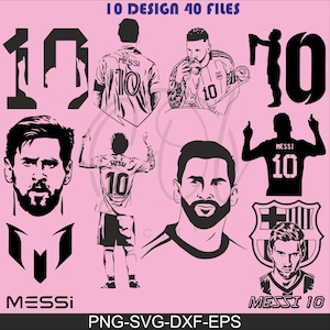 Peut inclure: Plusieurs illustrations en noir et blanc d'un joueur de football, avec des portraits et des poses en action. Le numéro 10 et le nom "MESSI" sont mis en avant. Le fond est rose, avec le texte "10 DESIGN 40 FILES" en haut.