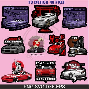 Può includere: Una collezione di dieci design grafici digitali che raffigurano varie auto sportive giapponesi, tra cui Supra, Silvia, NSX ed Eclipse. Le illustrazioni incorporano testi come JDM LEGENDS, 2ND GEN e IS THAT A SUPRA? con sfondi stilizzati.