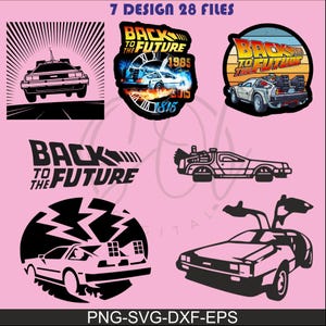 以下が含まれることがあります： 「バック・トゥ・ザ・フューチャー」をテーマにした7つのデザインのコレクション。デロリアン、映画のロゴ、テキスト「7 DESIGN 28 FILES」と「PNG-SVG-DXF-EPS」が含まれています。デザインは白黒とカラーです。