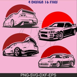 May include: Four black and white car illustrations with red sun backgrounds on a pink background. The top text reads "4 DESIGN 16 FILES" and the bottom text reads "PNG-SVG-DXF-EPS". The cars are stylized and include a rear view, side view, and front view.