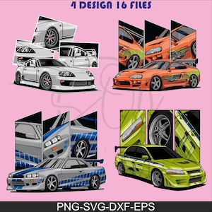 May include: Digital illustrations of four sports cars in white, orange, silver, and green. The image includes the text "4 DESIGN 16 FILES" and "PNG-SVG-DXF-EPS". The cars are depicted in a stylized, graphic manner.