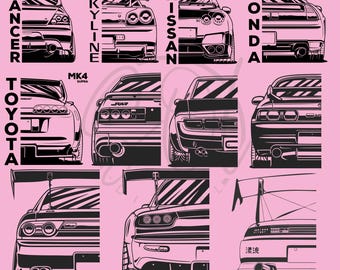 JDMカーベクター、日本車、スープラ、R34、スープラSVG、車SVGバンドル、スープラバンドル、デジタルファイル