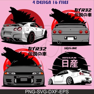 May include: Four car designs in white and grey, each set against a pink background with a red sun and a black monster silhouette. Text includes "GTR32", "SKYLINE", "NISSAN", and Japanese characters. The image also includes "PNG-SVG-DXF-EPS".