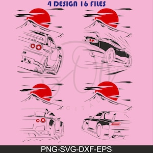 May include: Four car designs in black and white, each with a red sun and mountain range graphic. The cars are in motion, with speed lines. Text at the top reads "4 DESIGN 16 FILES" and at the bottom "PNG-SVG-DXF-EPS".