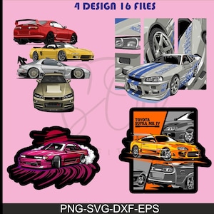May include: A digital illustration featuring various sports cars in different colors, including red, yellow, silver, and gold. The image includes the text "4 DESIGN 16 FILES" and "PNG-SVG-DXF-EPS".