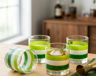Georges Briard Striped Rocks Glasses Set – MCM Green White Cocktail Barware