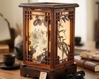 Vintage Japanese Shoji Lantern Lamp – Wood Paper Floral Ink Painting Accent Light