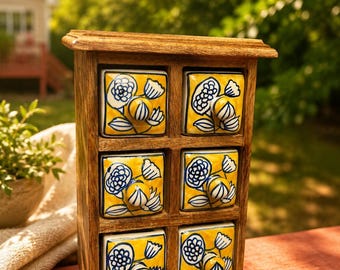Vintage Wooden Chest, 6 Hand Painted Floral Ceramic Drawers, Bohemian Jewelry Organizer