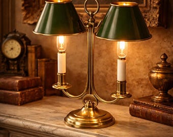 Vintage Brass Bouillotte Lamp – Dual Green Tole Shades, Library Decor