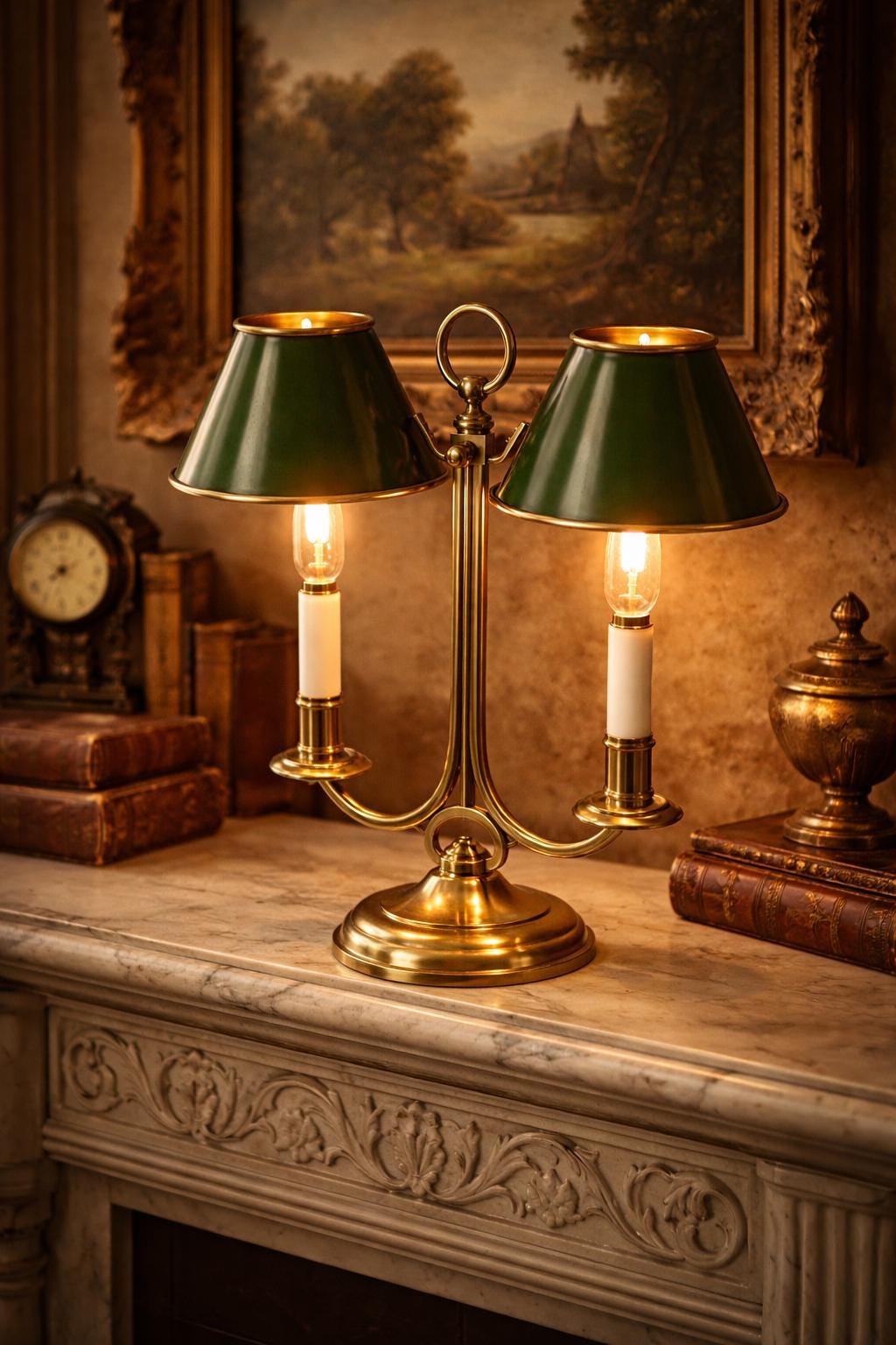 Green metal and brass table lamp glowing above old books