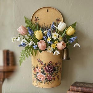 May include: A vintage-style wall-mounted flower holder with a scalloped edge, filled with colorful spring flowers. The holder is painted with floral designs and has a small bell. A round, matching backplate is above the holder.