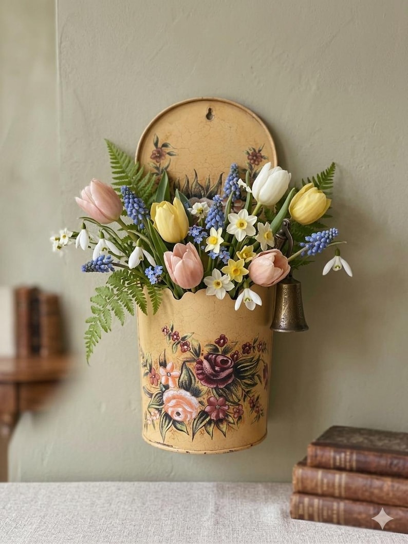 May include: A vintage-style wall-mounted flower holder with a scalloped edge, filled with colorful spring flowers. The holder is painted with floral designs and has a small bell. A round, matching backplate is above the holder.