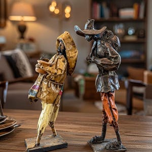 May include: Two handcrafted sculptures of figures, one in a hooded cloak and the other in a cowboy hat. The figures are made of textured, metallic-toned materials, with details in brown, gold, and orange. They stand on rectangular bases.