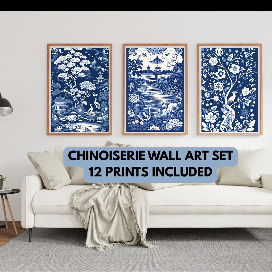 Blue Chinoiserie Wall Art Set | Vintage Asian Landscape Prints | Toile ...