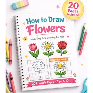May include: A spiral-bound drawing book titled "How to Draw Flowers" with the text "Fun & Easy Grid Drawing for Kids." The cover features illustrations of flowers and the text "20 Pages Included." Crayons and pencils are scattered around the book.