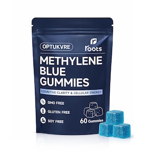 May include: A dark blue stand-up pouch labeled OPTUKVRE roots METHYLENE BLUE GUMMIES COGNITIVE CLARITY & CELLULAR ENERGY, GMO FREE, GLUTEN FREE, SOY FREE, 60 Gummies, with three translucent blue square gummies placed in front of the pouch.
