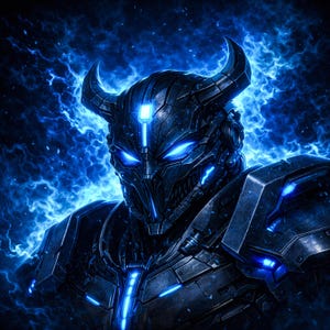 Puede incluir: Ilustración digital detallada de una figura futurista blindada con ojos y acentos azules brillantes. La figura tiene un casco con cuernos y está situada sobre un fondo de energía azul eléctrica, creando un efecto visual dinámico.