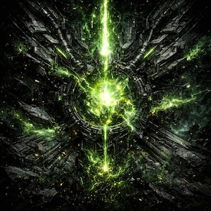 May include: Abstract digital artwork featuring a central circular structure with a bright green energy source. The design incorporates dark, textured metal components and vibrant green lightning-like effects, creating a futuristic and dynamic composition.