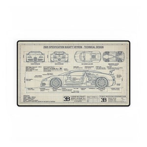 May include: A rectangular black mousepad featuring a technical design blueprint of a Bugatti Veyron 16.4 from 2005. The blueprint includes front, rear, top, and bottom views, along with specifications and dimensions.