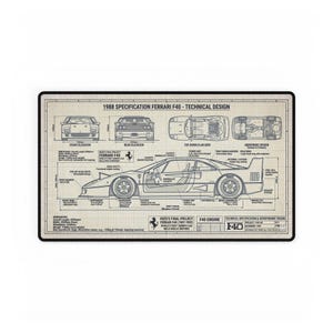 May include: A rectangular mousepad featuring a technical blueprint of a Ferrari F40. The design includes front, rear, top, and underbody views, along with detailed specifications and the text "1988 SPECIFICATION FERRARI F40 - TECHNICAL DESIGN."