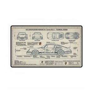 May include: A blueprint-style design of a 1973 Porsche 911 Carrera RS 2.7. The technical drawing includes front, rear, top-down, and underbody views, along with specifications and details. The text "1973 SPECIFICATION PORSCHE 911 Carrera RS 2.7 - TECHNICAL DESIGN" is at the top.