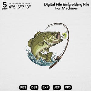 Może przedstawiać: Cyfrowy plik haftu przedstawiający bass wielkogębowego złowionego na wędkę. Rozmiary: 10.16cm, 12.7cm, 15.24cm, 17.78cm, i 20.32cm. Formaty plików: PES, DST, EXP, JEF i VP3.