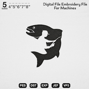 May include: Black embroidery file design featuring a fish with a fisherman silhouette. The design is available in 5 sizes: 4", 5", 6", 7", and 8". The text "Digital File Embroidery File For Machines" is at the top. File formats include PES, DST, EXP, JEF, and VP3.