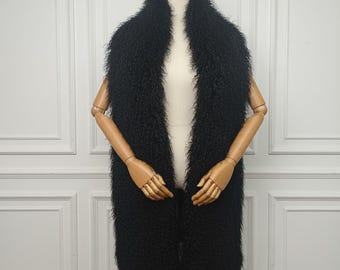 Bufanda de piel de cordero mongol negra / Estola de invierno de piel larga y rizada