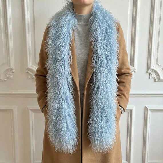 Real Mongolian Fur Scarf, Blue Tibetan Lamb Wool, Curly Winter Neck Collar