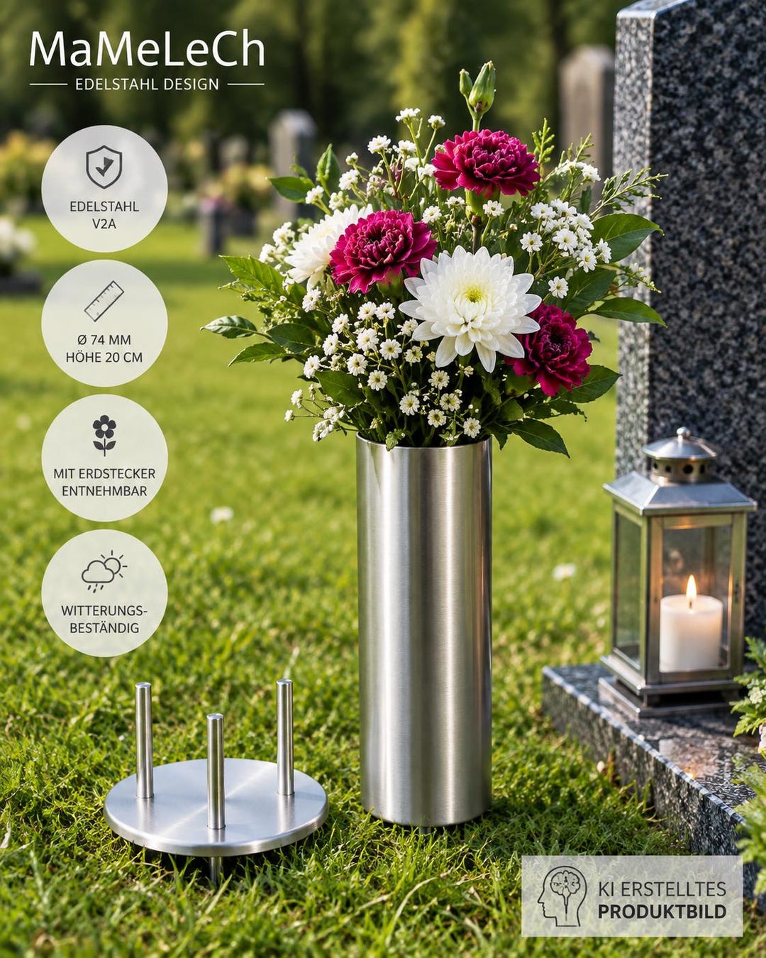 Grave Vase 74 Mm Made of Stainless Steel With Ground Spike 200 Mm Vase